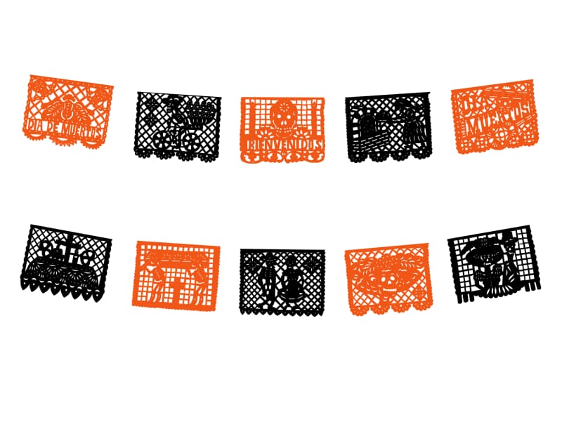 Papel Picado Dia de Muertos Naranja con Negro Plastico Picado en Tira