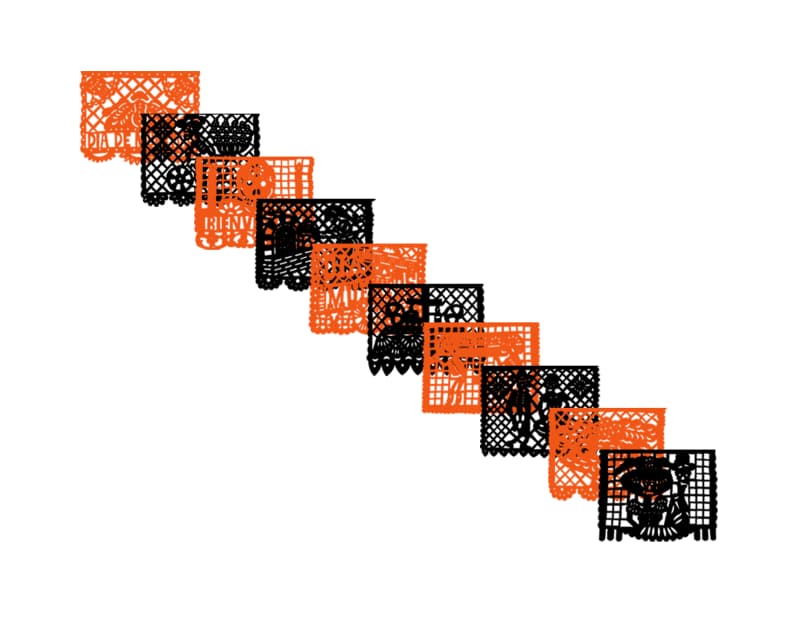 Papel Picado Dia de Muertos Naranja con Negro Plastico Picado en Tira